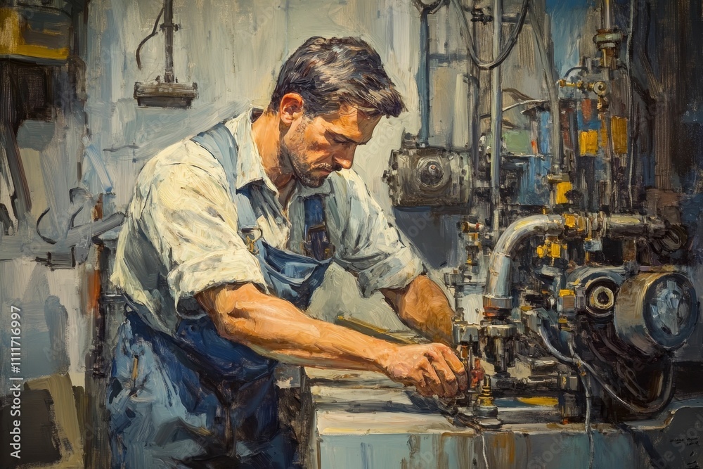 Worker meticulously repairs industrial machinery. Worker meticulously repairs industrial machinery.