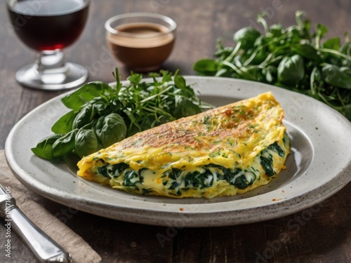 A warm spinach and cheese omelette accompanied by crispy toast and garnished with fresh herbs.