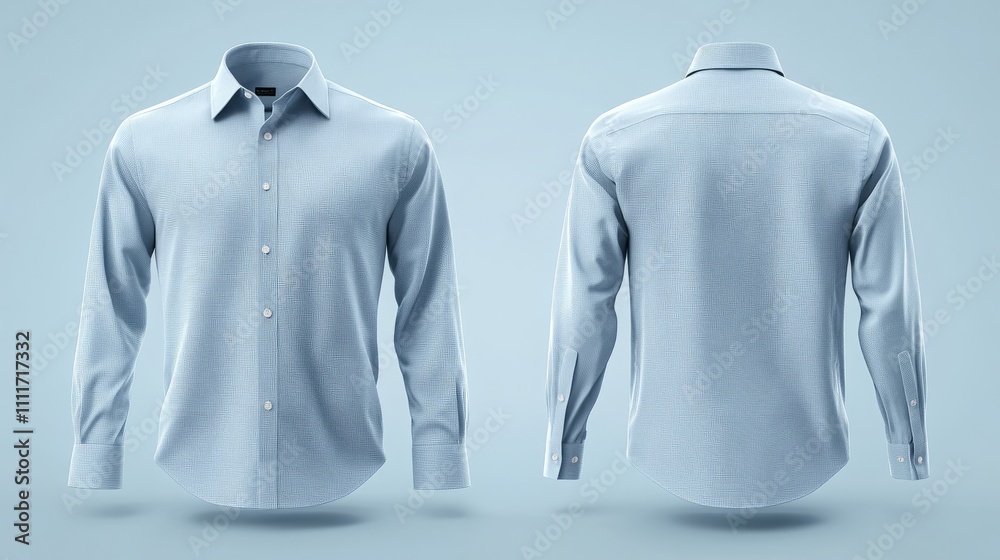 A blank soft blue button-up shirt mockup, displayed in both front and back views, offering a versatile template for business or casual designs. A blank soft blue button-up shirt mockup, displayed in both front and back views, offering a versatile template for business or casual designs.