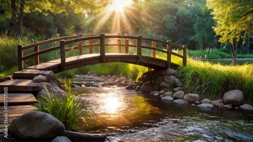 Morning park view with a wooden bridge crossing a small stream, glowing under sunlight.