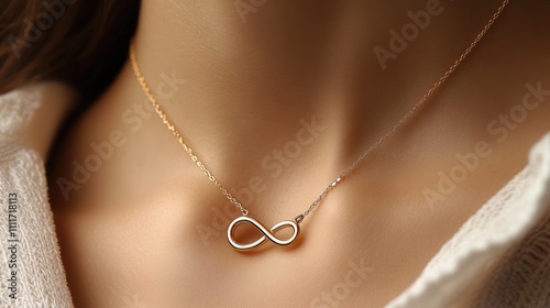 Elegant Gold Infinity Necklace on Woman's Neck Close-Up Image