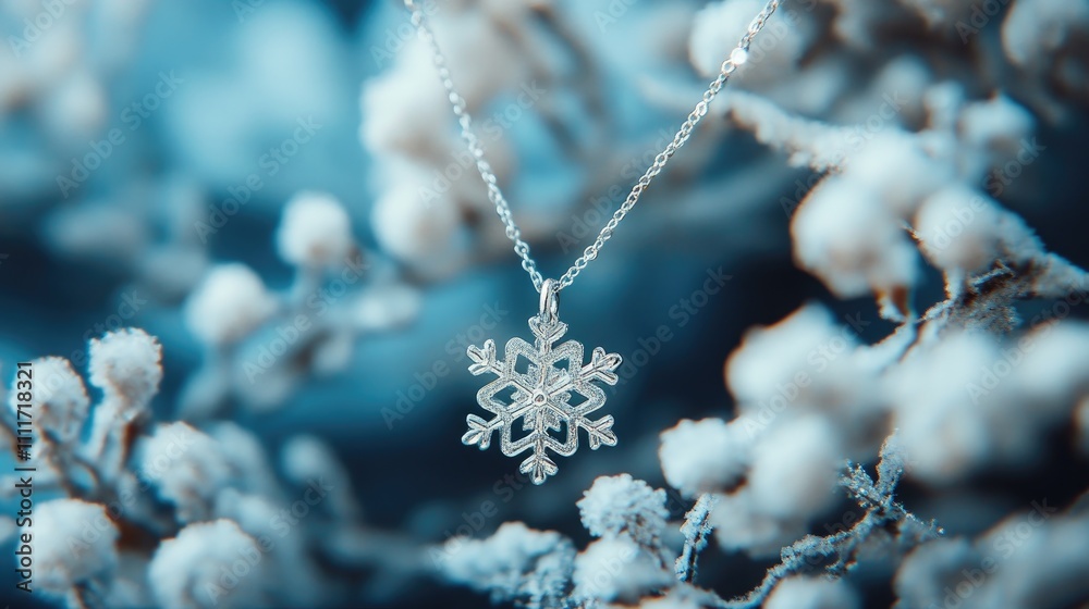 Silver Snowflake Pendant Necklace on Frosted Branches in Winter Silver Snowflake Pendant Necklace on Frosted Branches in Winter