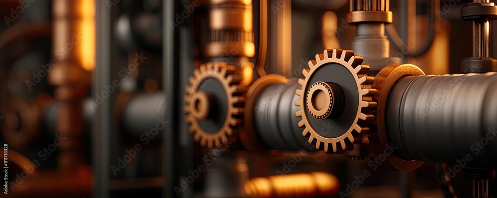 Close-up of metallic gears and pipes in an industrial setting. Close-up of metallic gears and pipes in an industrial setting.