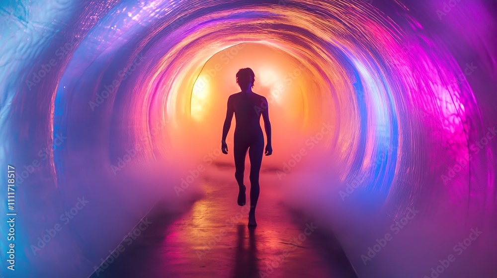 custom made wallpaper toronto digitalSilhouette of person walking through a vibrant, colorful, illuminated tunnel.