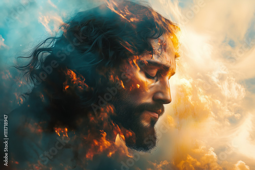 Abstract Artistic Depiction of Jesus and the Cross with Swirling Clouds and Vibrant Dreamlike Realism photo