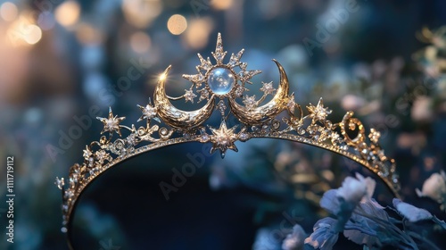 Elegant Golden Crown with Moon and Star Designs on Floral Background