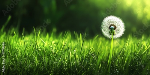 Dandelion blooming amidst lush green grass, creating a vibrant scene. This dandelion stands out beautifully in the rich green grass, showcasing nature s delicate beauty with the dandelion s unique photo