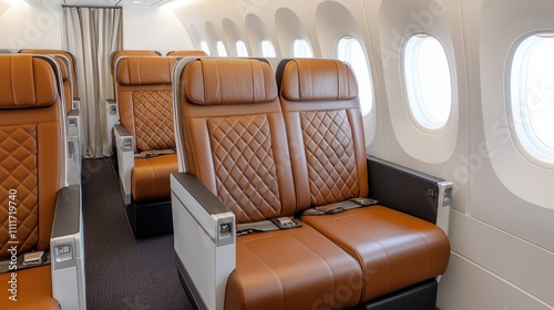 Airline amenities comfort and premium A modern airplane interior featuring two rows of stylish brown leather seats beside large windows. photo