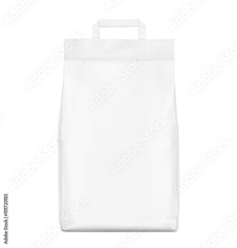 Vertical flat bottom gusset bag mockup for chemical products, pet food, cat litter and etc. Front view. Vector illustration isolated on white background. Can be use for template your design. EPS10.