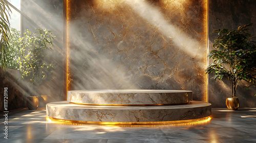 luxurious dual tiered marble podium illuminated by soft light photo