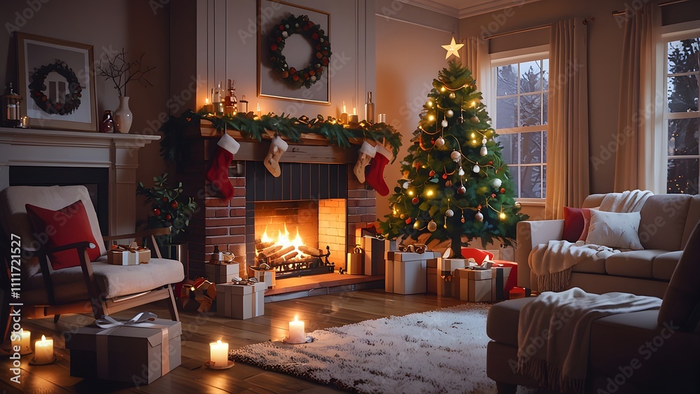Fireplace with Christmas decorations, lights with ornaments elements Fireplace with Christmas decorations, lights with ornaments elements