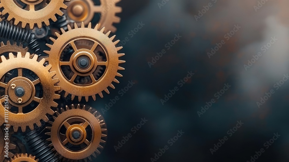 Close-up of intricate bronze gears against a smoky background, showcasing craftsmanship. Close-up of intricate bronze gears against a smoky background, showcasing craftsmanship.