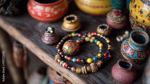 Colorful Beaded Necklaces and Handcrafted Pots on Rustic Shelf