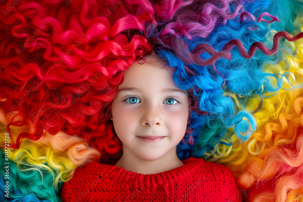 Happy child with smiling face wearing colorful wig on color background.