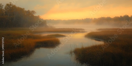 Winding water flows through marshes and grasses in a captivating outdoor setting, unveiled by the gentle hues of sunrise amidst a soft fog, showcasing nature s serene beauty and tranquility.