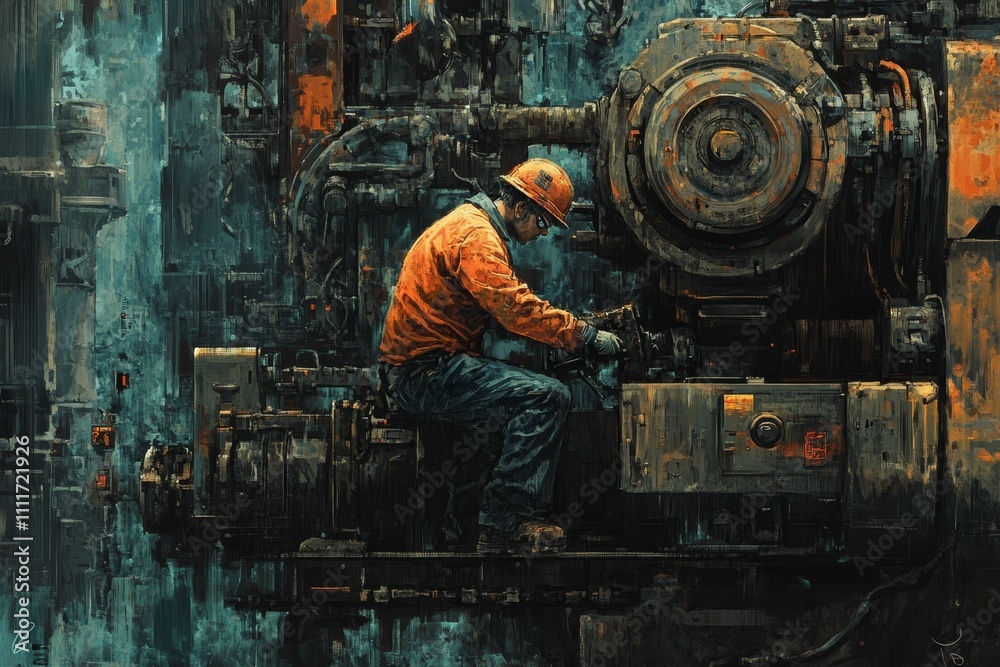 Worker repairs large, rusty industrial machinery.