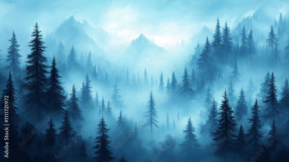 Foggy Mountain Forest with Silhouetted Pines Foggy Mountain Forest with Silhouetted Pines