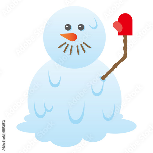 溶けはじめているが手を振る日本風2段雪だるまのイラスト