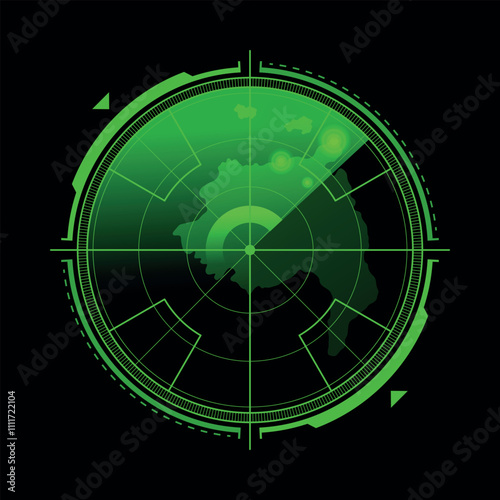 Radar screen green scanning surrounding and incoming aerial traffic realistic vector illustration