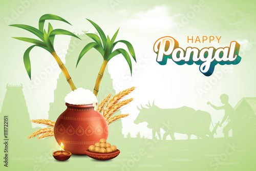 Pongal Festive Celebration With Rice Mud Pot, Wheat Ear, Sugarcane And Oil Lamp On Green Color Background. Grand Indian  Festival Offer Sale Landing Page Vector Illustration For E-commerce, Greetings