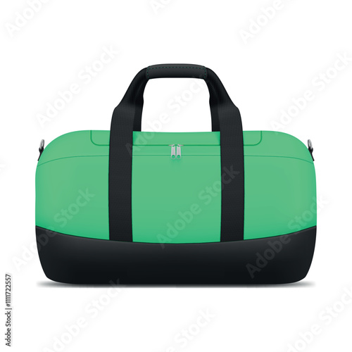 Green sport bag with handles and zip lock realistic vector illustration. Luggage textile handbag