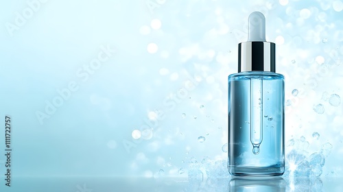 Transparent blue dropper bottle for skincare, isolated on a white background. Minimalist beauty packaging. Beauty product showcase. 