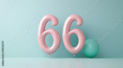 Pink number balloons 66 with a teal balloon on a light blue background. photo