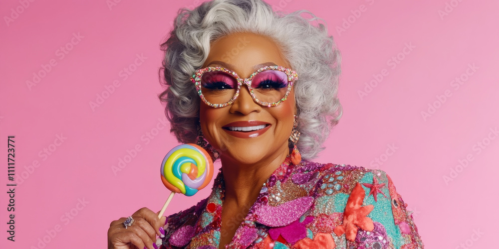 Elegant Woman with Rainbow Lollipop in Colorful Attire Elegant Woman with Rainbow Lollipop in Colorful Attire