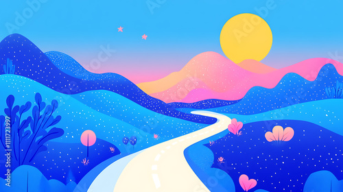 A flat design clip art of a road extending into the horizon, symbolizing a journey with vibrant scenery 