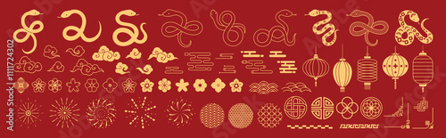 Happy Chinese New Year 2025 Icons vector set. Lanterns, snake, firework, corner, pattern, cloud, coin, flower isolated icons of Asian Lunar New Year holiday decoration vector.