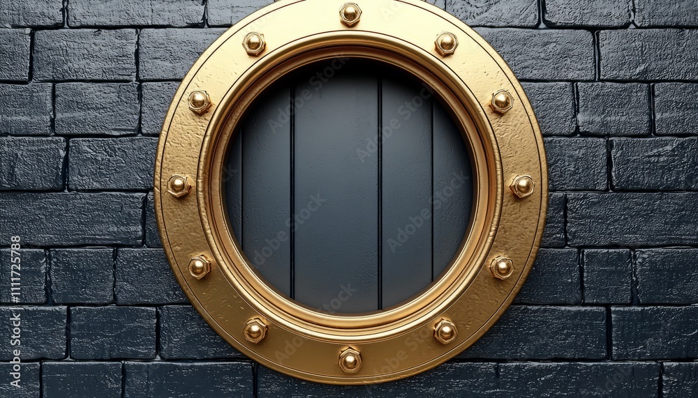 Obraz premium Golden Porthole on a Dark Brick Wall