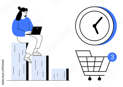 Woman working on laptop while sitting on bar chart with clock and shopping cart notification icon. Ideal for business growth, time management, online shopping, e-commerce, productivity, digital
