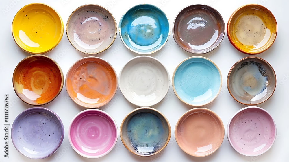 A collection of colorful ceramic plates, each in a different hue, neatly arranged on a bright white background. A collection of colorful ceramic plates, each in a different hue, neatly arranged on a bright white background.