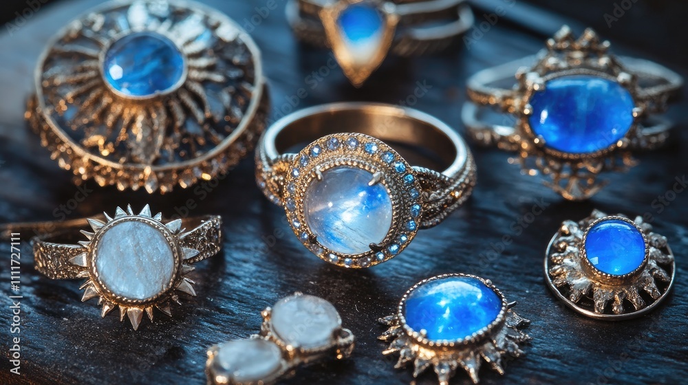 Obraz premium Elegant Vintage Jewelry Collection with Moonstone and Blue Stone