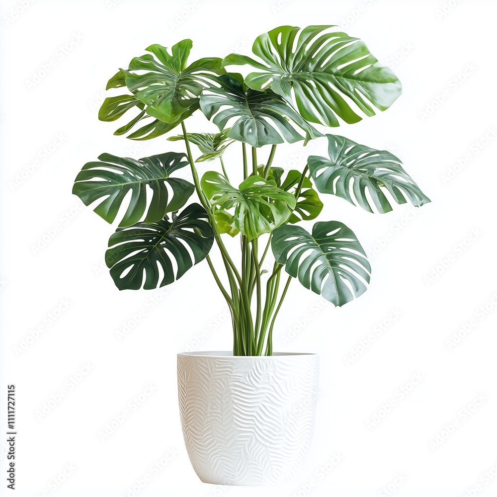 Monstera plant in decorative white pot adds a tropical touch to indoor spaces during daylight hours Monstera plant in decorative white pot adds a tropical touch to indoor spaces during daylight hours