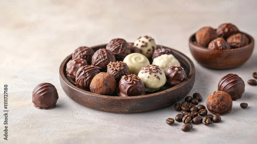Assorted chocolates in a wooden bowl, perfect for sweet treats and desserts. Assorted chocolates in a wooden bowl, perfect for sweet treats and desserts.