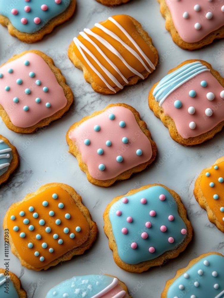 A row of colorful cookies with blue, pink, and yellow dots on them A row of colorful cookies with blue, pink, and yellow dots on them