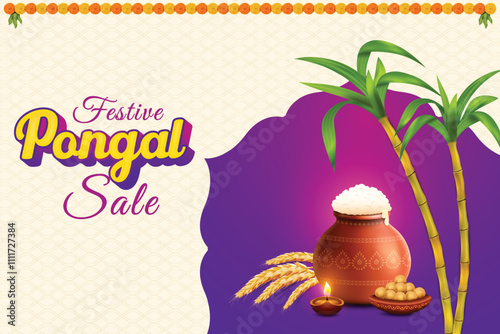 Pongal Festive Celebration With Rice Mud Pot, Wheat Ear, Sugarcane And Oil Lamp On Beige Background. Grand Indian  Festival Offer Sale Landing Page Vector Illustration For E-commerce, Greetings