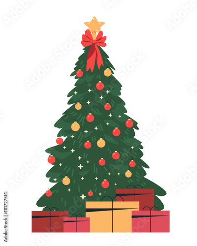 Christmas tree decorated with ornaments gifts. Festive holiday scene with red and gold baubles star topper presents on white background