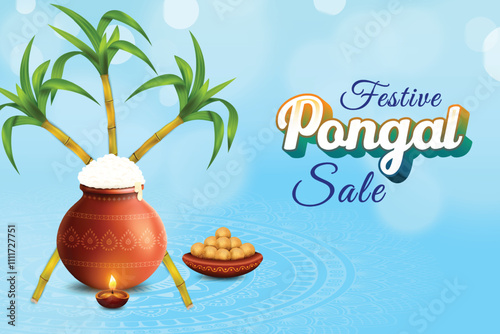 Pongal Festive Celebration With Rice Mud Pot, Sugarcane And Oil Lamp On Blue Color Background. Grand Indian  Festival Offer Sale Landing Page Vector Illustration For E-commerce, Web, Greetings Card photo