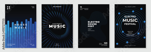 Music poster design background vector set. Electro Sound Cover template with vibrant abstract gradient geometric shape and line wave. Ideal design for social media, flyer, party, music festival, club.
