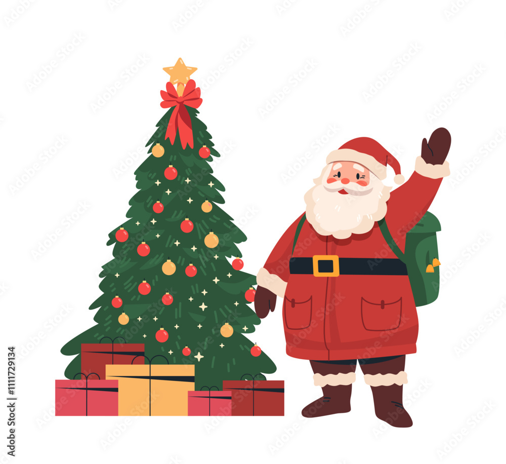 Φωτογραφία Santa Claus waving near decorated Christmas tree with gifts festive holiday scen