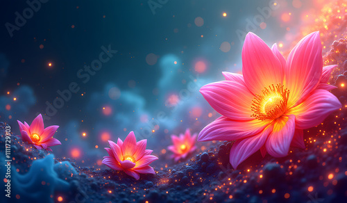 A vibrant pink lotus glowing warmly in a dreamy, ethereal setting with floating light particles and a serene, mystical atmosphere.