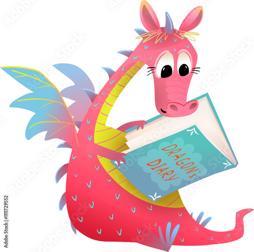 Cute little dragon reading fairytale book, children cartoon. Adorable imaginary creature for kids reading or studying. Vector magical character illustration for children.