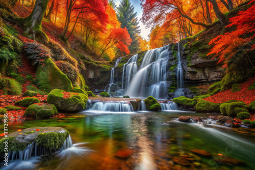serene waterfall cascades through vibrant autumn forest, surrounded by deep reds and burnt oranges, creating tranquil and picturesque scene