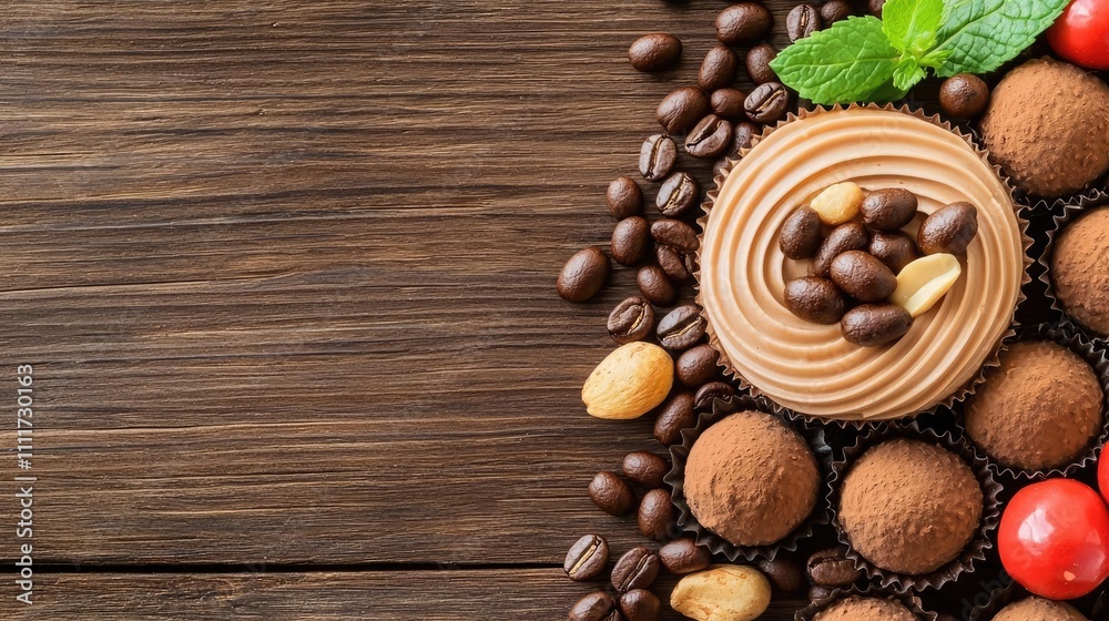 Delicious assortment of chocolate desserts and coffee on wooden table.