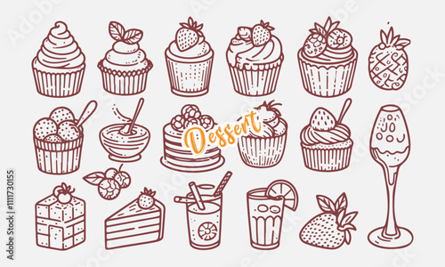 Hand-Drawn Dessert Collection: Cupcakes, Pastries, Drinks, and Sweet Treats in Vintage Sketch Style