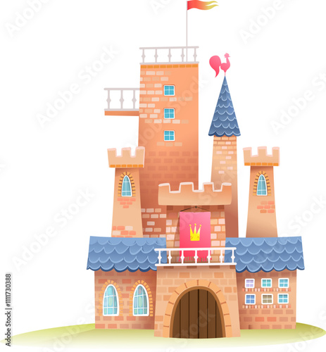 Castle or fortress with towers windows and gates. Adorable imaginary castle illustrated object for kids fairy tale. Vector hand drawn magic royal fort, isolated clip art illustration for children.