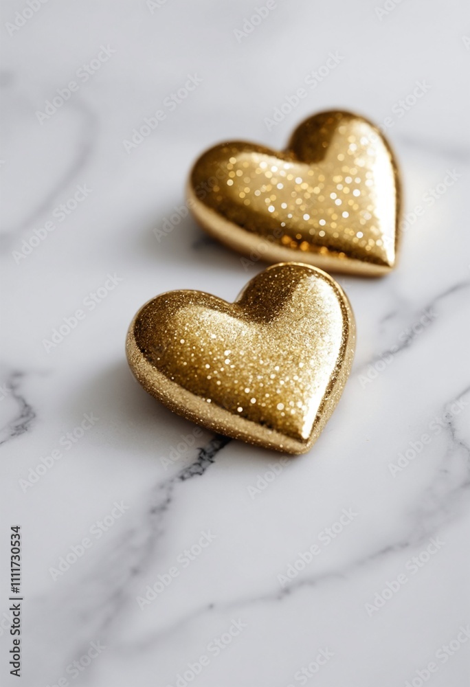 Fototapeta premium Close Up shot of two glitter golden hearts on a white marble surface, bokeh background