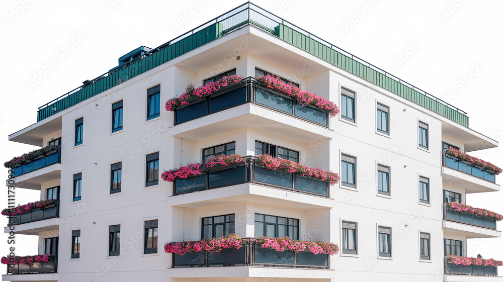 Obraz premium **Condo Building Figure Isolated on White Background - Modern Architecture, Residential Building, Urban Development, Contemporary Design, Real Estate, High-Rise Structure, Property Investment, Housing